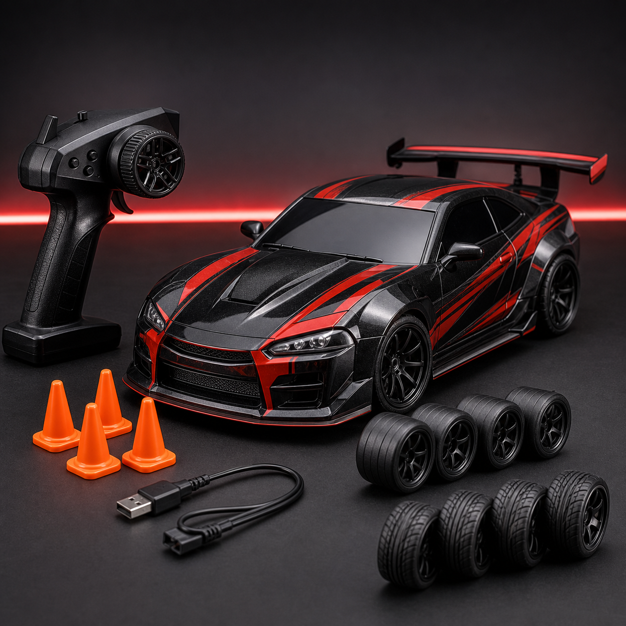 Poglądowa aranżacja auta RC do driftu i akcesoriów